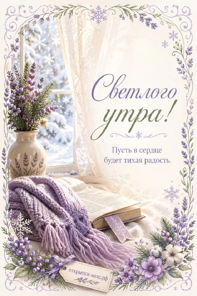 Большая кружка кофе и маленький букет в вазочке, надпись «Светлого утра», акварель — вариант 3