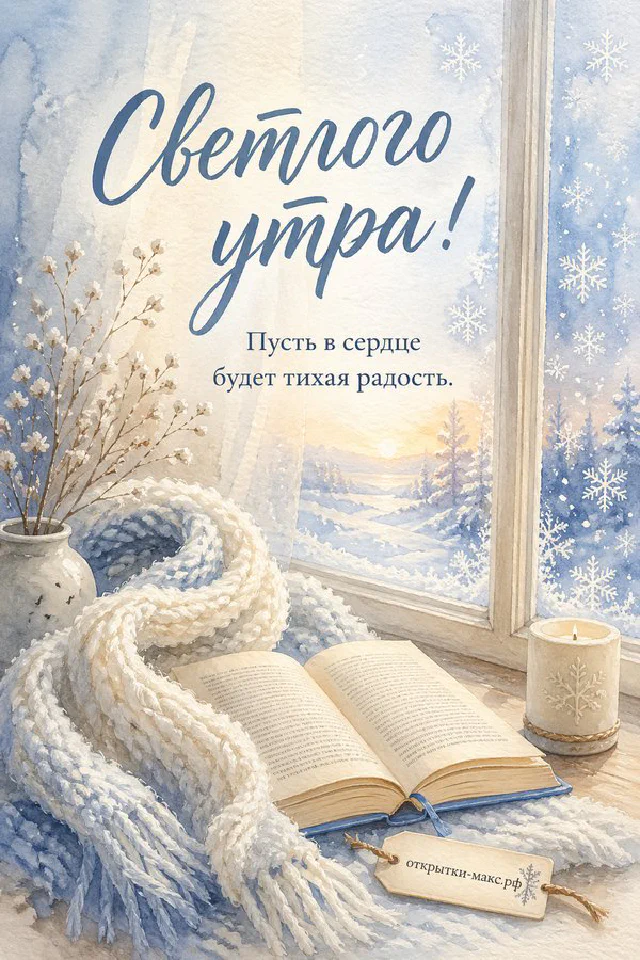 Большая кружка кофе и маленький букет в вазочке, надпись «Светлого утра», акварель — вариант 5