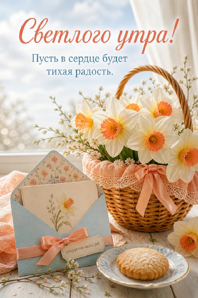 Большая кружка кофе и маленький букет в вазочке, надпись «Светлого утра», акварель — вариант 6