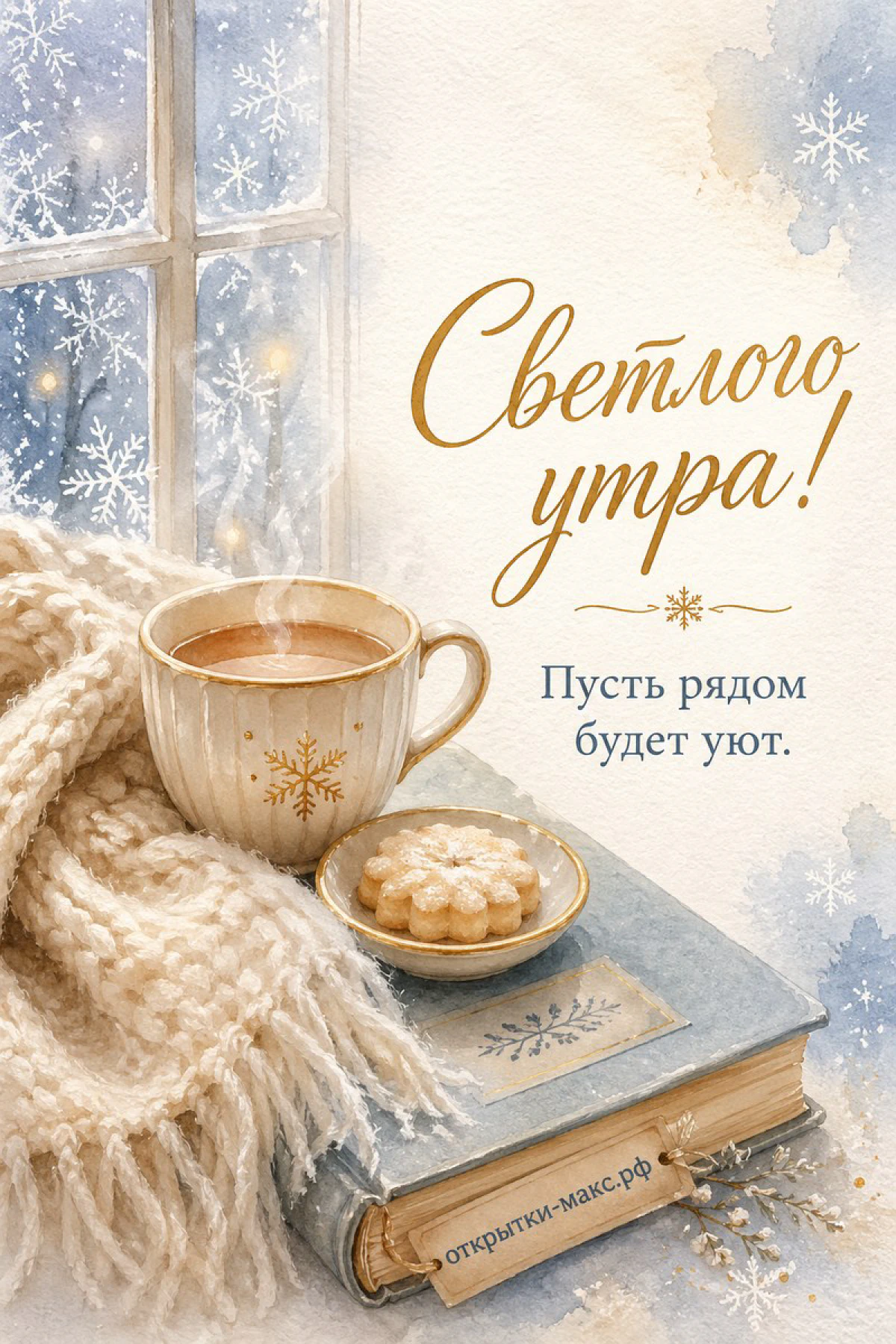 Кружка кофе и печенье на книге рядом с вязаным пледом у заснеженного окна