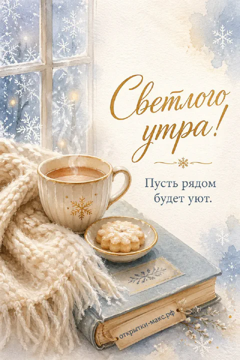 Кружка кофе и печенье на книге рядом с вязаным пледом у заснеженного окна