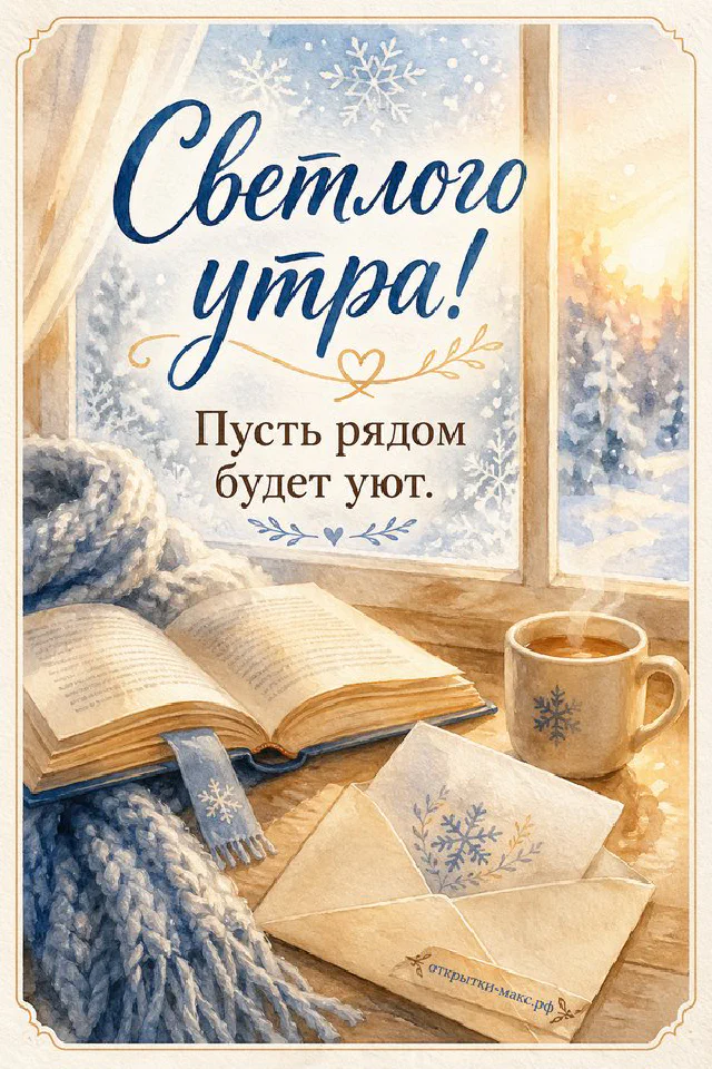 Кружка кофе и печенье на книге рядом с вязаным пледом у заснеженного окна — вариант 3