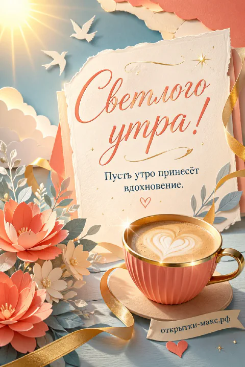 Розовая чашка кофе с латте-артом в форме сердца на блюдце, бумажные цветы и солнце с облаками на пастельном фоне