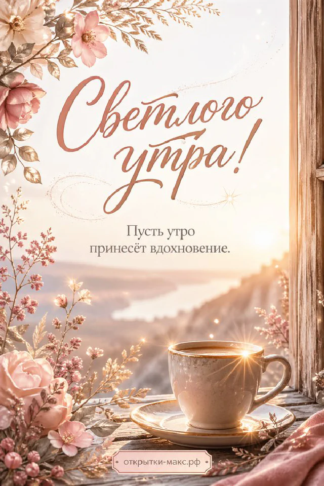 Розовая чашка кофе с латте-артом в форме сердца на блюдце, бумажные цветы и солнце с облаками на пастельном фоне — вариант 4