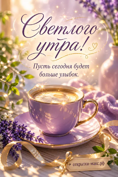 Фиолетовая чашка кофе с золотым ободком на блюдце с лавандой и сверкающими золотыми огнями вокруг