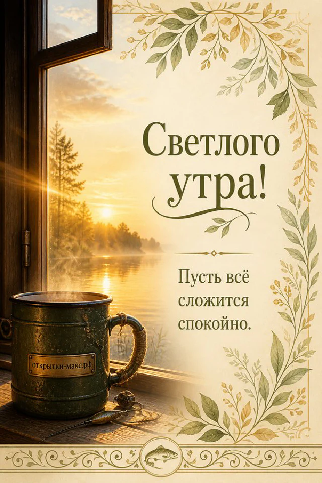 Чашка кофе и печенье на подоконнике у открытого окна, ваза с цветущими ветками и два воробья на ветке снаружи — вариант 7