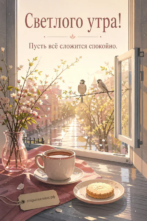 Чашка кофе и печенье на подоконнике у открытого окна, ваза с цветущими ветками и два воробья на ветке снаружи