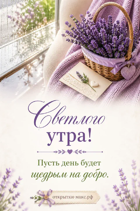 Корзина с лавандой у окна с лёгкими занавесками, надпись «Светлого утра»
