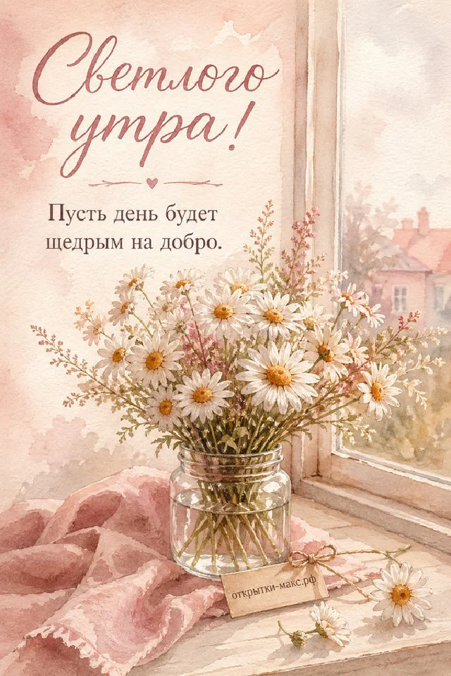 Корзина с лавандой у окна с лёгкими занавесками, надпись «Светлого утра» — вариант 2