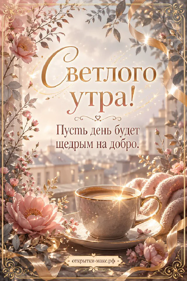 Корзина с лавандой у окна с лёгкими занавесками, надпись «Светлого утра» — вариант 3