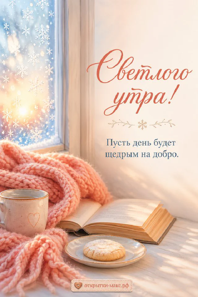 Корзина с лавандой у окна с лёгкими занавесками, надпись «Светлого утра» — вариант 4