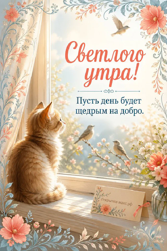 Корзина с лавандой у окна с лёгкими занавесками, надпись «Светлого утра» — вариант 5