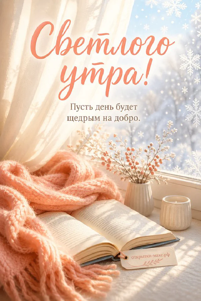 Корзина с лавандой у окна с лёгкими занавесками, надпись «Светлого утра» — вариант 6