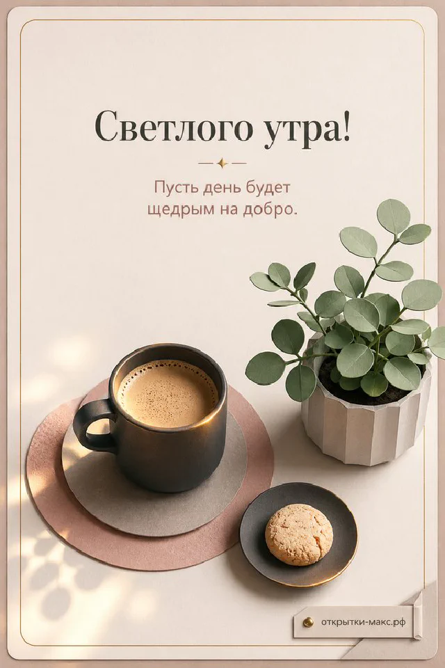 Корзина с лавандой у окна с лёгкими занавесками, надпись «Светлого утра» — вариант 7