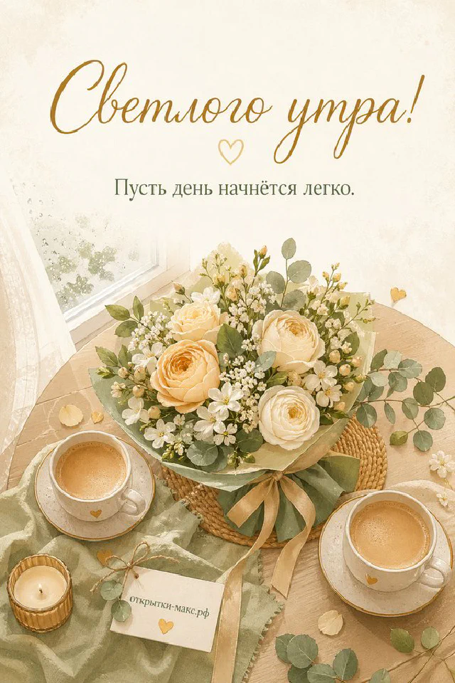 Деревянный поднос с круассаном, чашкой капучино, лавандой и открыткой у окна — вариант 3