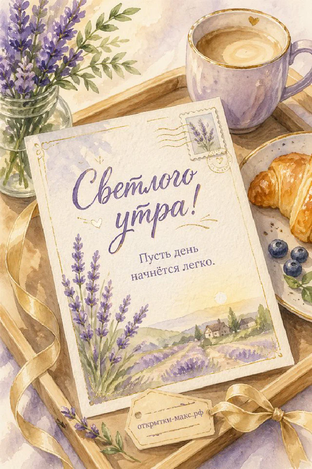 Деревянный поднос с круассаном, чашкой капучино, лавандой и открыткой у окна — вариант 5