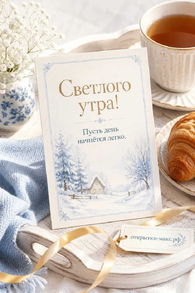 Деревянный поднос с круассаном, чашкой капучино, лавандой и открыткой у окна — вариант 6
