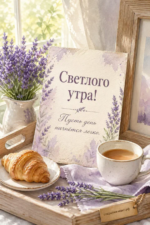 Деревянный поднос с круассаном, чашкой капучино, лавандой и открыткой у окна