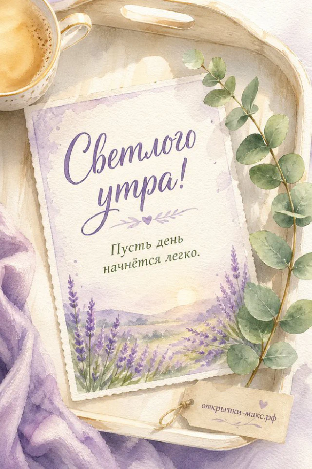 Деревянный поднос с круассаном, чашкой капучино, лавандой и открыткой у окна — вариант 2