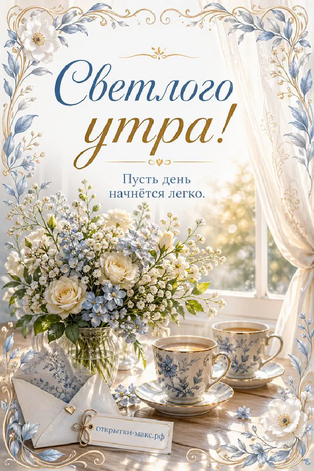 Деревянный поднос с круассаном, чашкой капучино, лавандой и открыткой у окна — вариант 8
