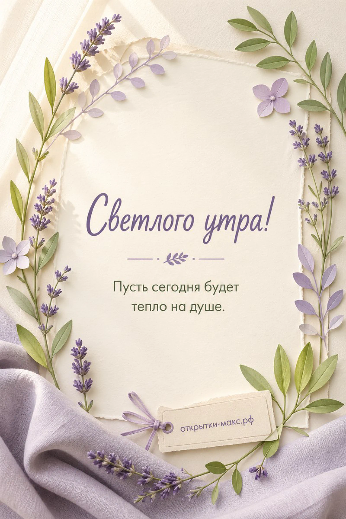Карточка с надписью «Светлого утра» в рамке из веточек лаванды и зелёных листьев на сиреневой ткани