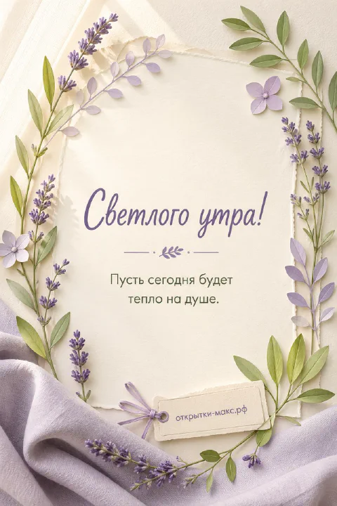 Карточка с надписью «Светлого утра» в рамке из веточек лаванды и зелёных листьев на сиреневой ткани