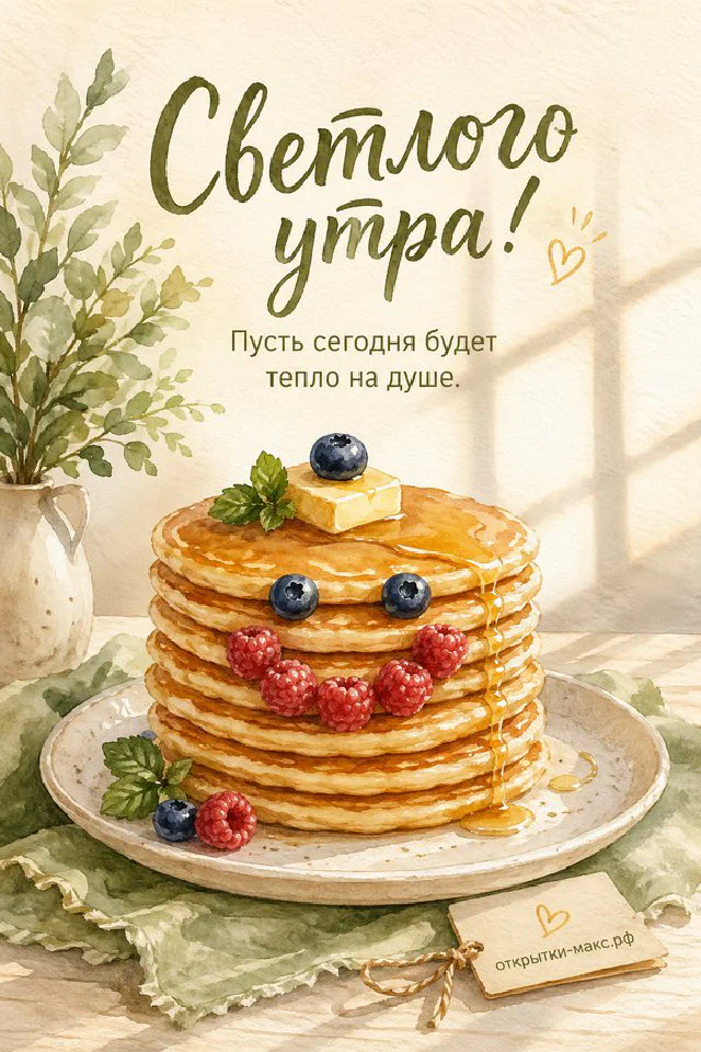 Карточка с надписью «Светлого утра» в рамке из веточек лаванды и зелёных листьев на сиреневой ткани — вариант 2