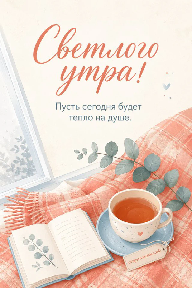 Карточка с надписью «Светлого утра» в рамке из веточек лаванды и зелёных листьев на сиреневой ткани — вариант 3