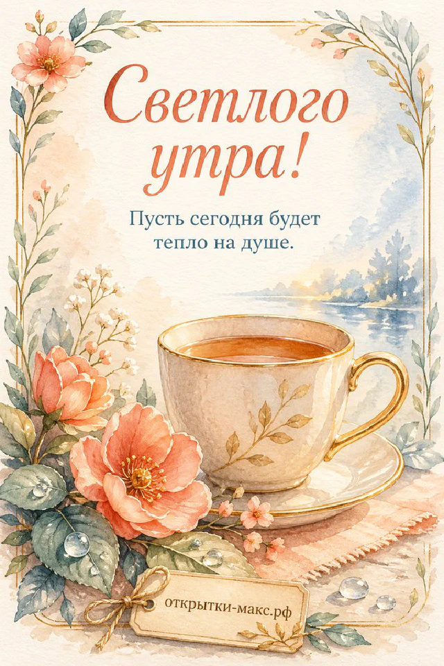 Карточка с надписью «Светлого утра» в рамке из веточек лаванды и зелёных листьев на сиреневой ткани — вариант 5