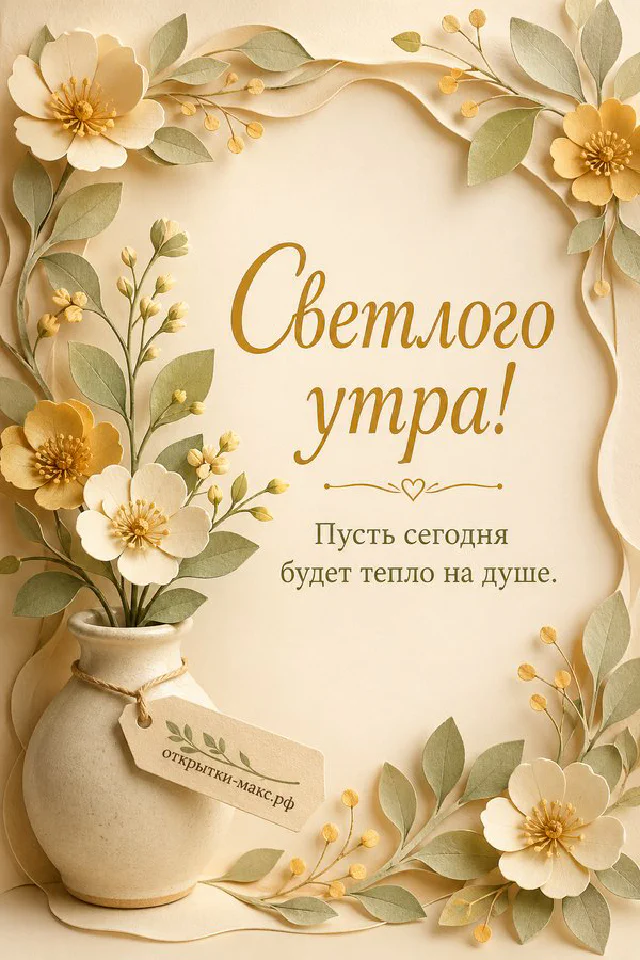 Карточка с надписью «Светлого утра» в рамке из веточек лаванды и зелёных листьев на сиреневой ткани — вариант 7