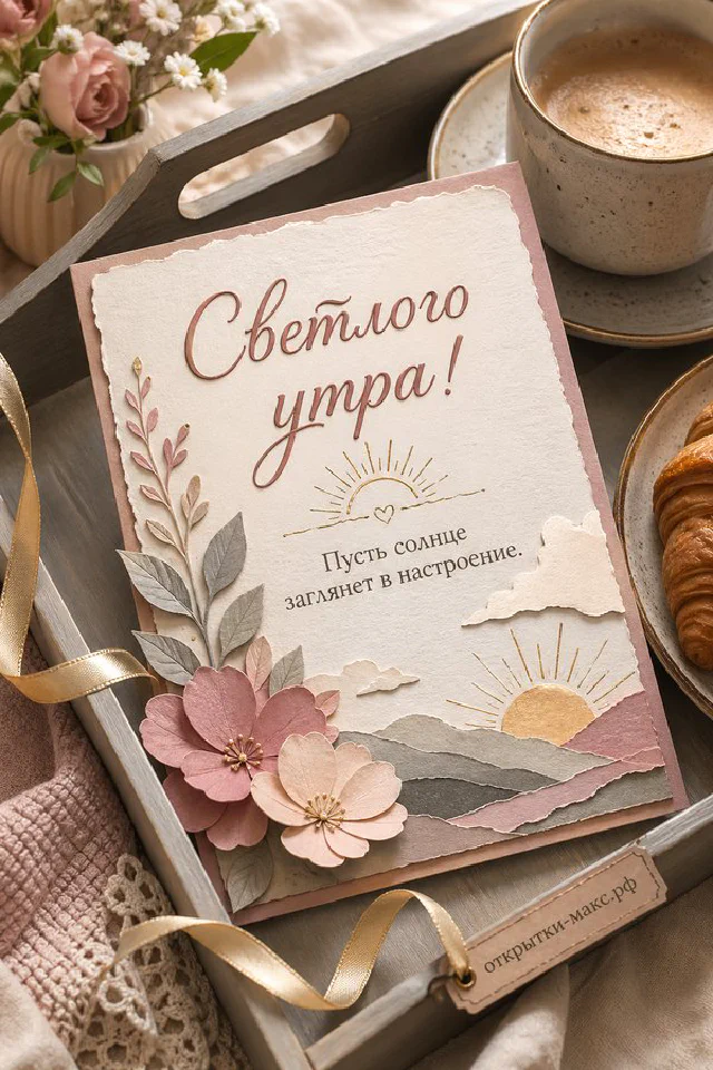 Бумажная открытка на деревянном подоконнике с оранжевой занавеской, птицами и цветущей сакурой за окном — вариант 3