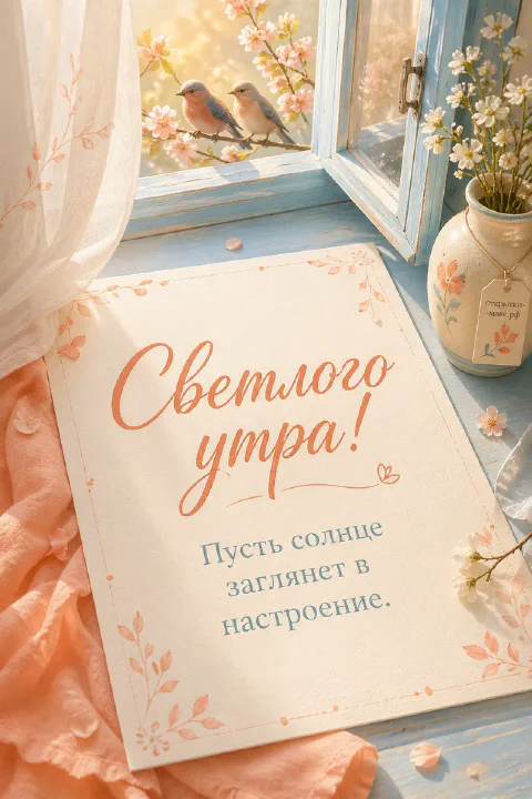 Бумажная открытка на деревянном подоконнике с оранжевой занавеской, птицами и цветущей сакурой за окном