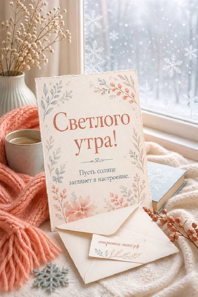 Бумажная открытка на деревянном подоконнике с оранжевой занавеской, птицами и цветущей сакурой за окном — вариант 2