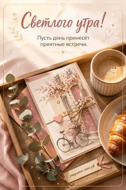 Деревянный поднос с кружкой кофе, круассаном и акварельной открыткой с велосипедом и цветущим деревом