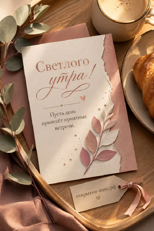 Деревянный поднос с кружкой кофе, круассаном и акварельной открыткой с велосипедом и цветущим деревом — вариант 3