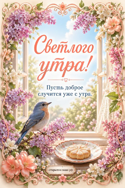 Синяя птица на ветке сирени у открытого окна с тюлем и блюдцем печенья в цветочной рамке