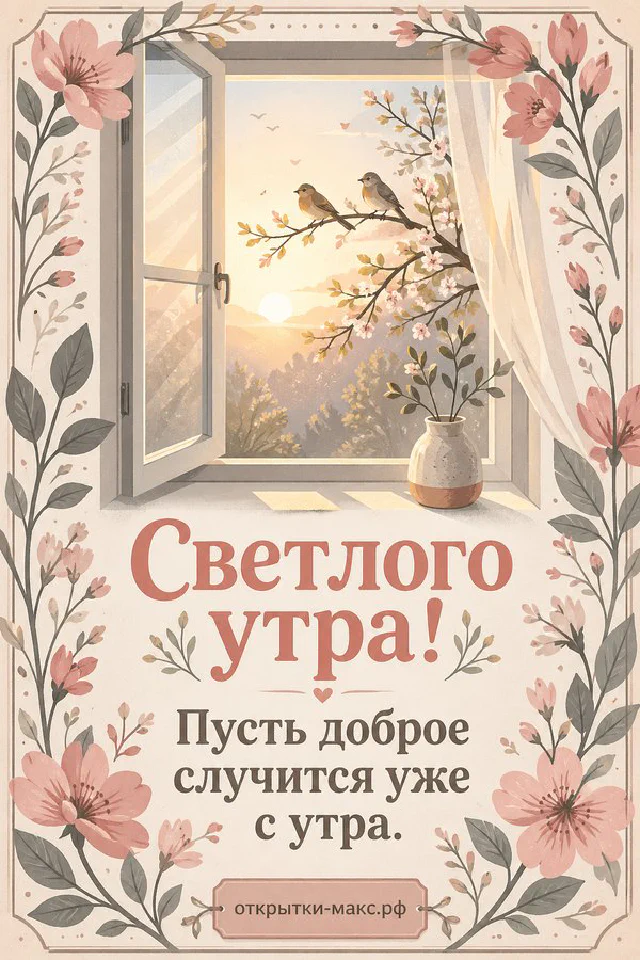 Синяя птица на ветке сирени у открытого окна с тюлем и блюдцем печенья в цветочной рамке — вариант 2