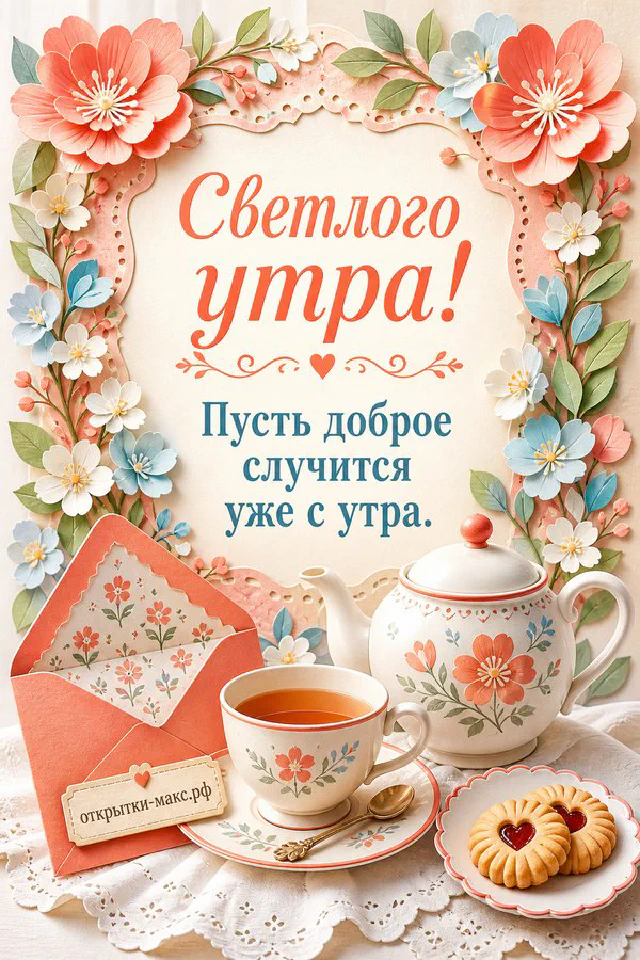 Синяя птица на ветке сирени у открытого окна с тюлем и блюдцем печенья в цветочной рамке — вариант 3