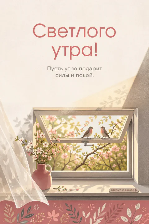 Розовая ваза с цветами на подоконнике и две птички у окна, надпись «Светлого утра»