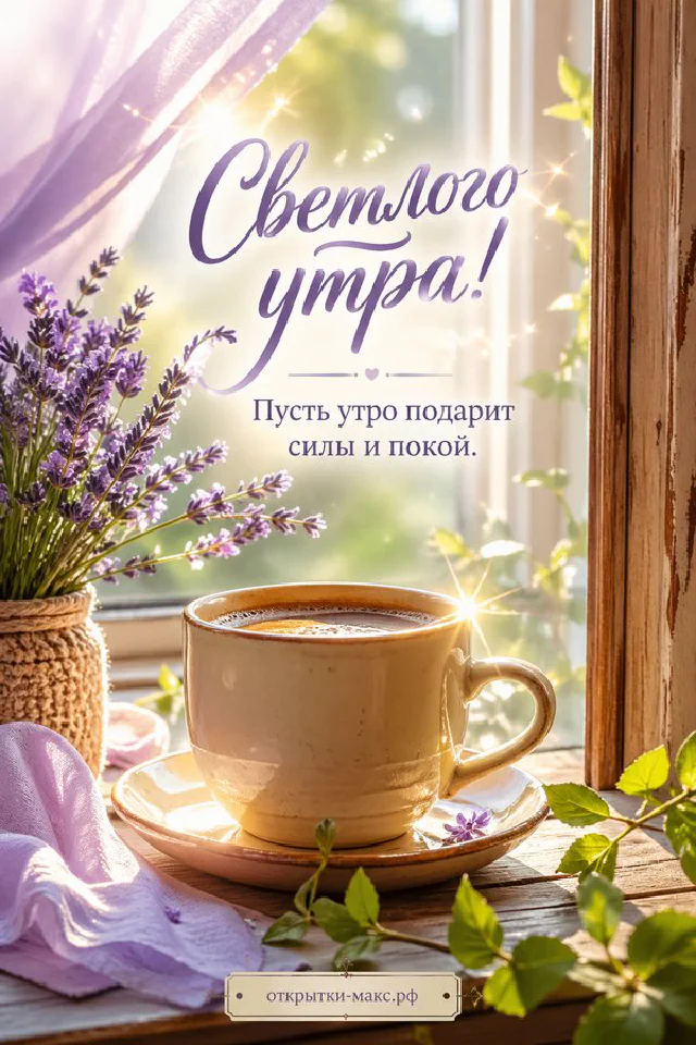 Розовая ваза с цветами на подоконнике и две птички у окна, надпись «Светлого утра» — вариант 3