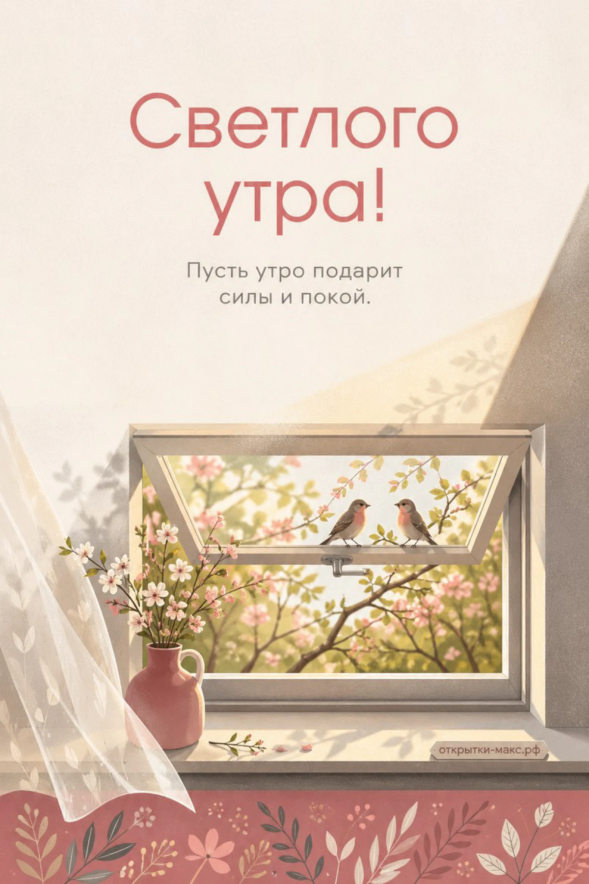 Розовая ваза с цветами на подоконнике и две птички у окна, надпись «Светлого утра»