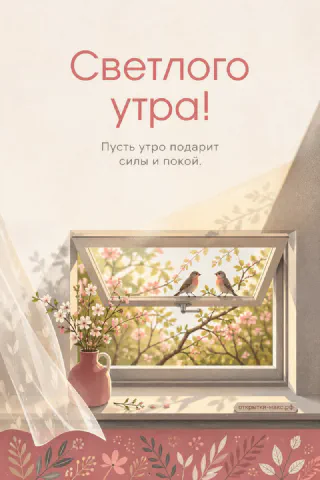 Розовая ваза с цветами на подоконнике и две птички у окна, надпись «Светлого утра»
