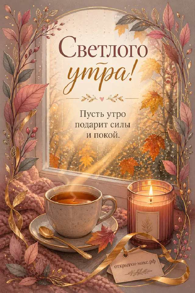 Розовая ваза с цветами на подоконнике и две птички у окна, надпись «Светлого утра» — вариант 2