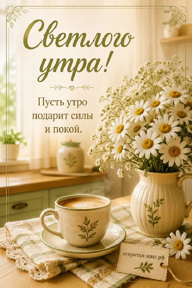 Розовая ваза с цветами на подоконнике и две птички у окна, надпись «Светлого утра» — вариант 4
