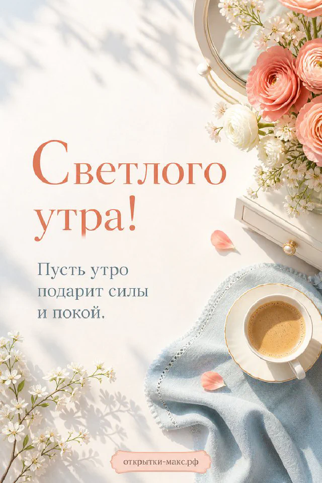 Розовая ваза с цветами на подоконнике и две птички у окна, надпись «Светлого утра» — вариант 6