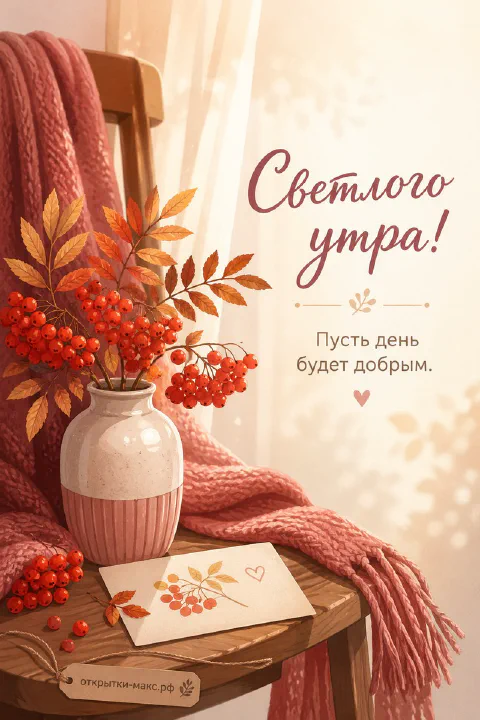 Ваза с ветками красной рябины и жёлтыми листьями на деревянном стуле с розовым пледом у светлого окна