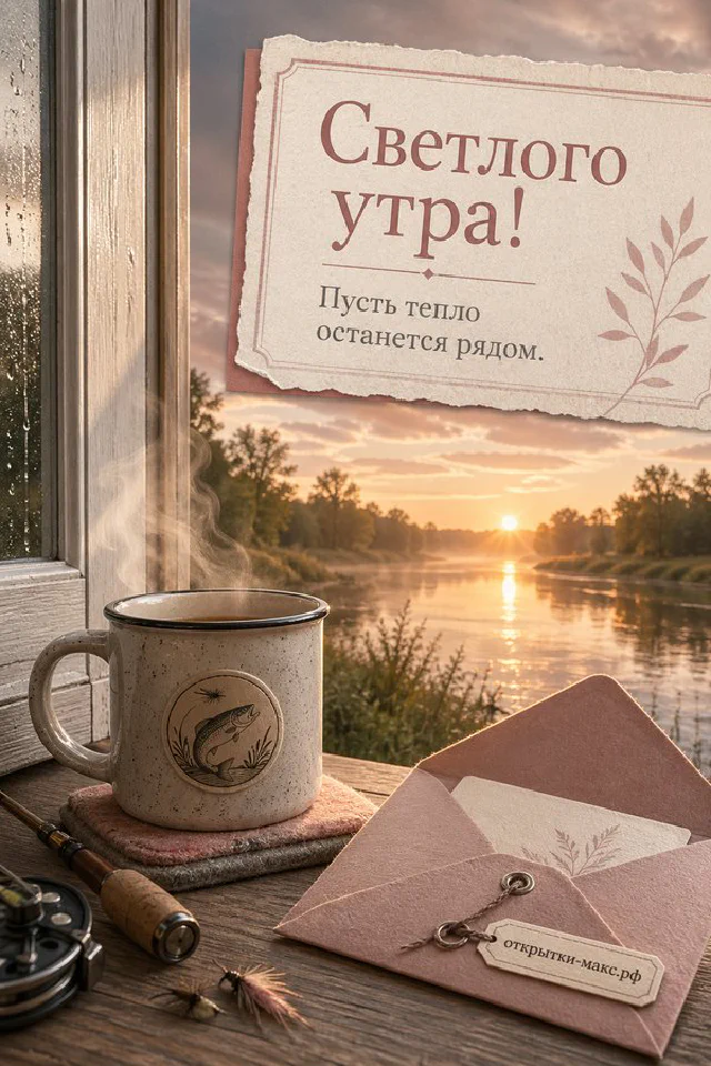 Акварельный рисунок сирени у распахнутого окна с тюлем и маленькой открыткой на подоконнике — вариант 2