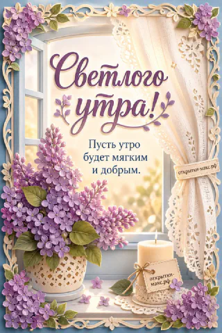 Горшок с фиолетовой сиренью и белая свеча у окна с кружевной шторой в декоративной рамке с листьями