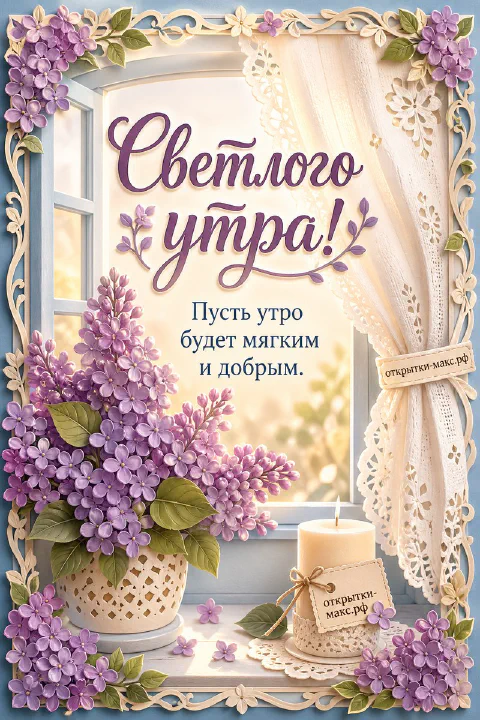 Горшок с фиолетовой сиренью и белая свеча у окна с кружевной шторой в декоративной рамке с листьями