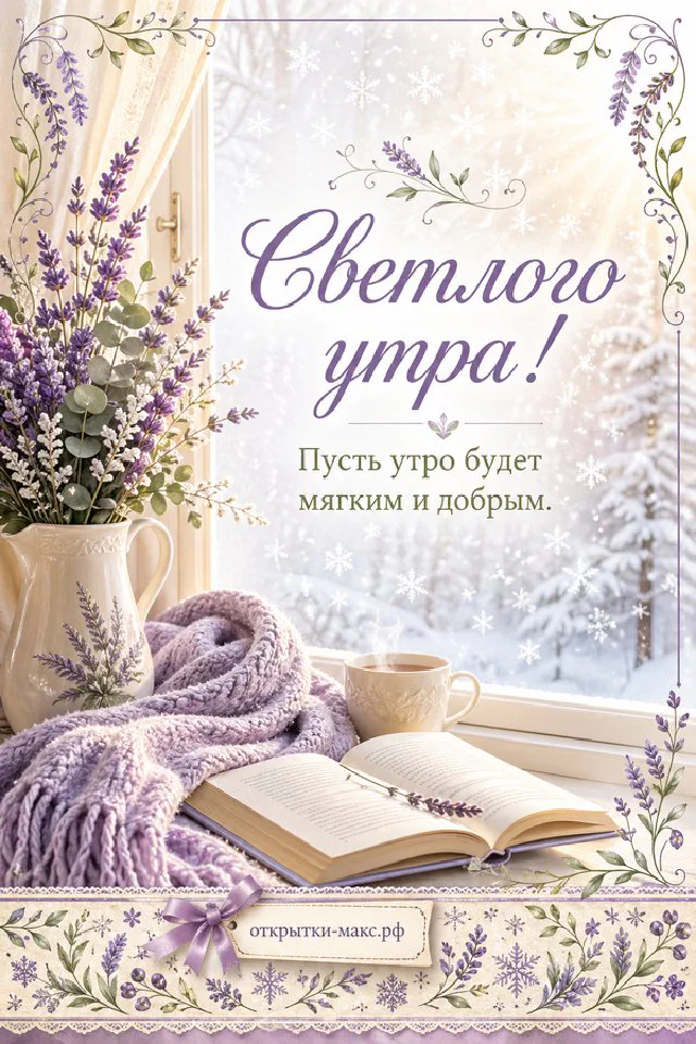 Горшок с фиолетовой сиренью и белая свеча у окна с кружевной шторой в декоративной рамке с листьями — вариант 2